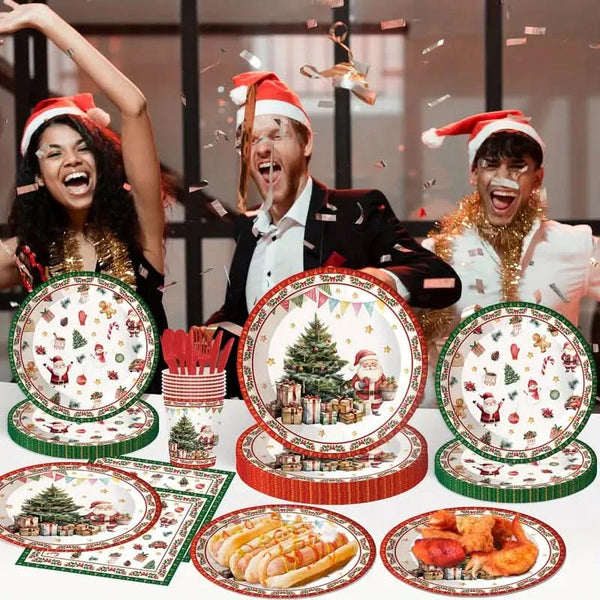 Christmas Party Cutlery Set – 140 Pieces (Plates, Cups, and Disposable Cutlery)