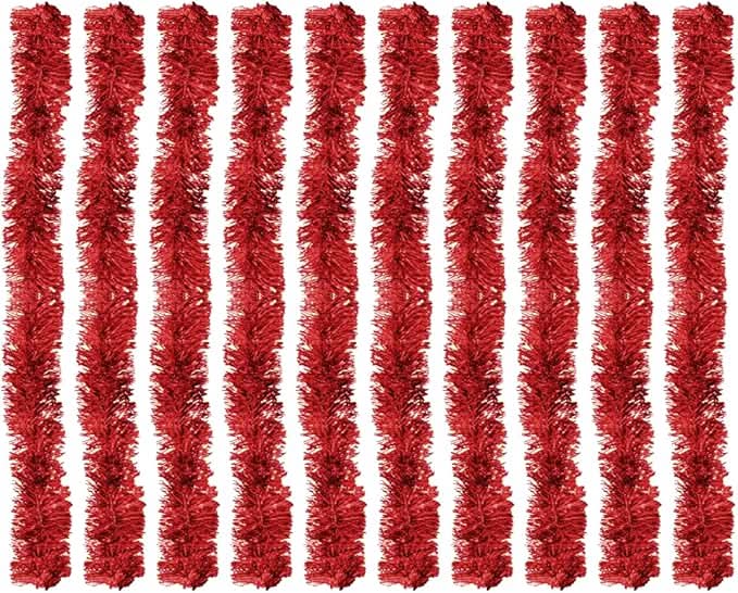 Set of 10 Metallic Garlands with 7 Ribbons, 5cm x 2m – Christmas Decoration Ornament (Red)