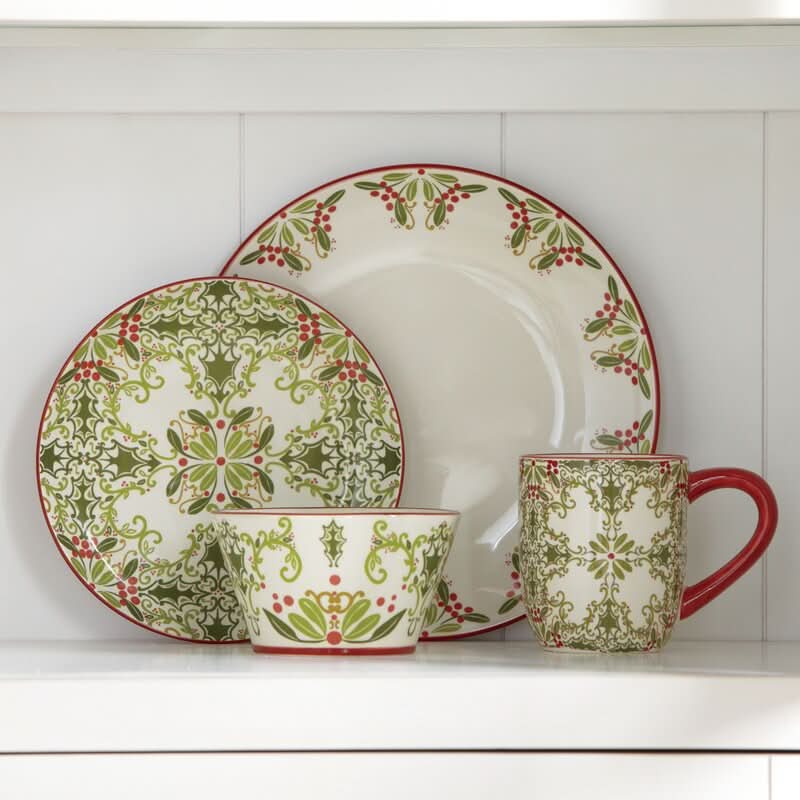 Christmas Colors Porcelain Dinnerware Set – 16 Pieces – Serves 4 People