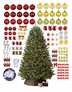 Christmas Kit - Traditional Christmas Tree with Built-in LED 2.1m + Decoration Kit with 125 Pieces