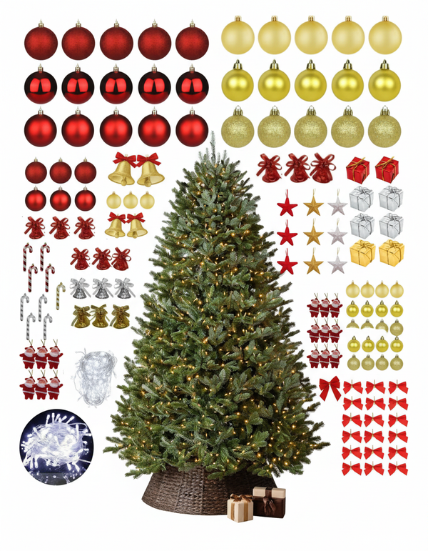 Christmas Kit - Traditional Christmas Tree with Built-in LED 2.1m + Decoration Kit with 125 Pieces