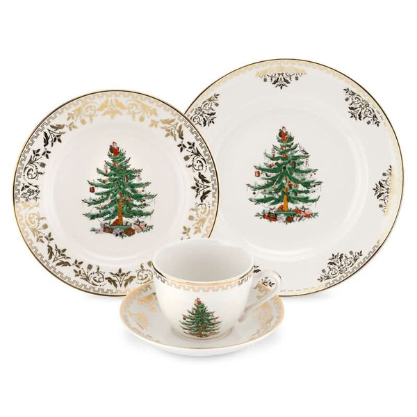 4-Piece Christmas Tree Pattern Set with Gold Details – Service for 1 Person