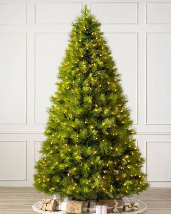 Monterey Pine Green Christmas Tree with Long Branches, Metal Stand, and Built-in Micro LEDs