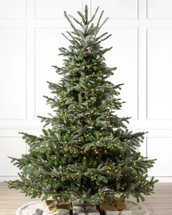 European Fir Christmas Tree with Hinged Branches, Metal Stand, and Built-in Micro LEDs