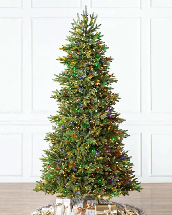 Norway Spruce Christmas Tree with Hinged Branches, Metal Stand, and Built-in Colorful Micro LEDs