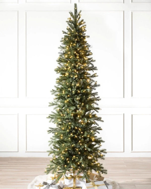 Cathedral Fir Slim Christmas Tree with Hinged Branches, Metal Stand, and Built-in Micro LEDs