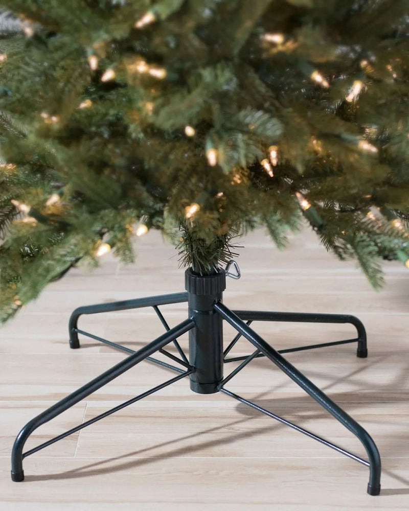 Cathedral Fir Slim Christmas Tree with Hinged Branches, Metal Stand, and Built-in Micro LEDs