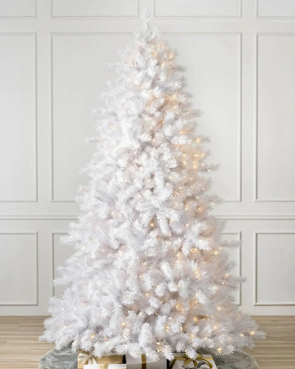 Classic White Christmas Tree with Hinged Branches, Metal Stand, and Built-in Micro LEDs