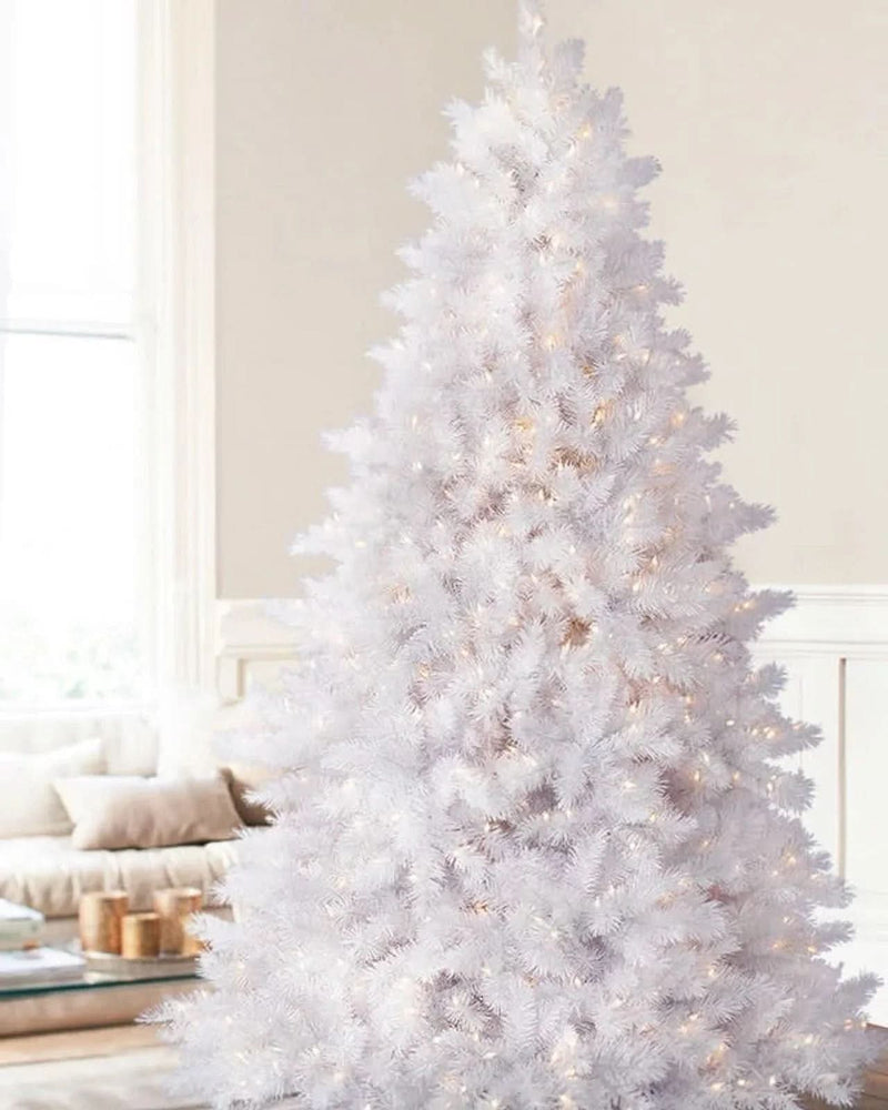 Classic White Christmas Tree with Hinged Branches, Metal Stand, and Built-in Micro LEDs