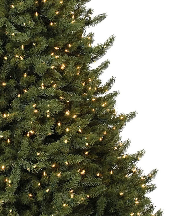 Vermont White Spruce Christmas Tree with Hinged Branches, Metal Stand, and Built-in Micro LEDs