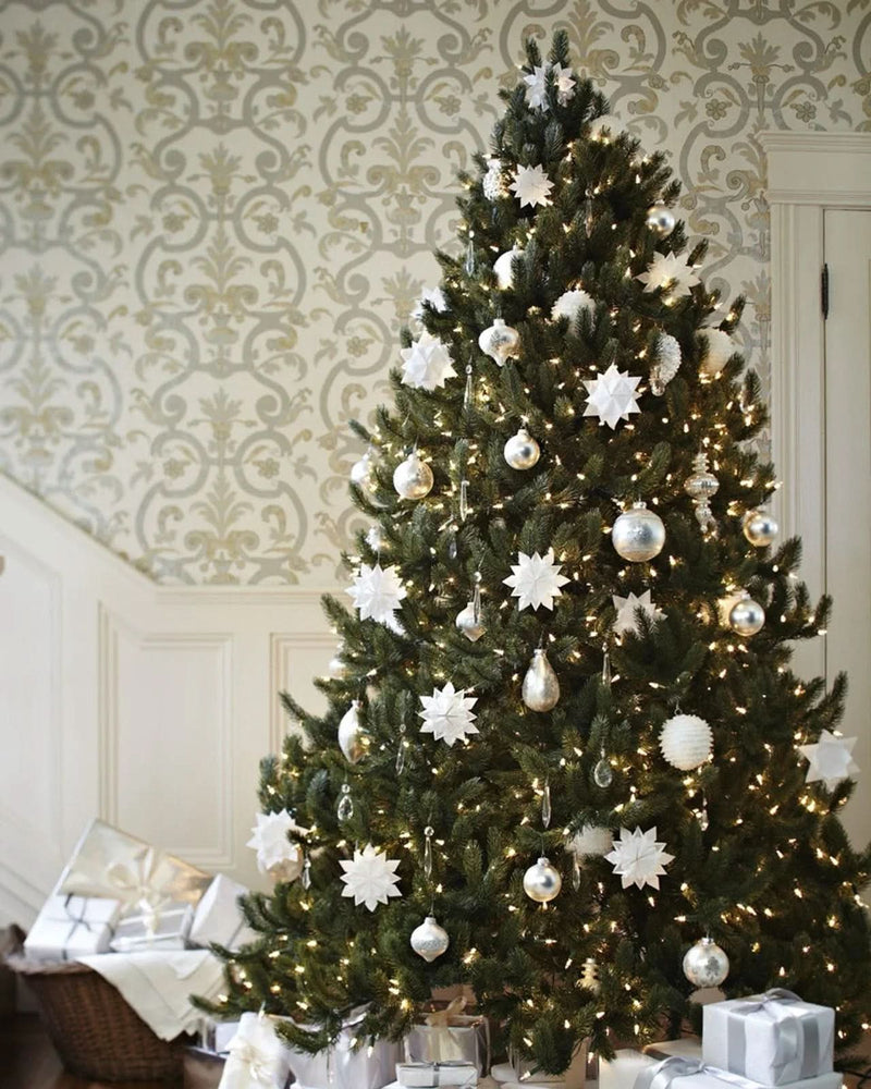 Vermont White Spruce Christmas Tree with Hinged Branches, Metal Stand, and Built-in Micro LEDs