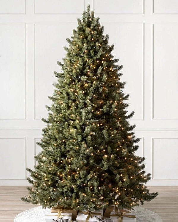 Vermont White Spruce Christmas Tree with Hinged Branches, Metal Stand, and Built-in Micro LEDs