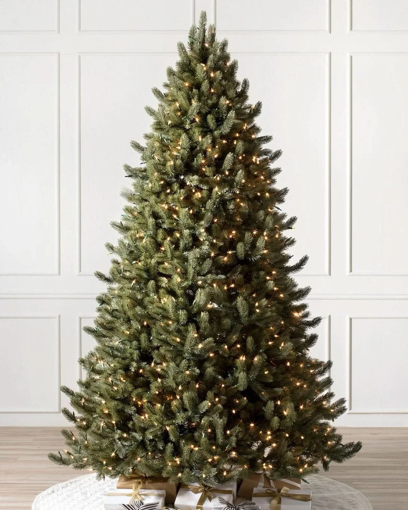 Vermont White Spruce Christmas Tree with Hinged Branches, Metal Stand, and Built-in Micro LEDs