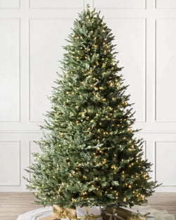 White Spruce Green Christmas Tree with Hinged Branches, Metal Stand, and Built-in Micro LEDs