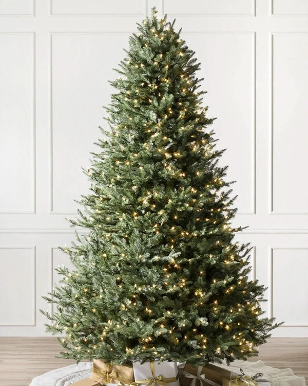 White Spruce Green Christmas Tree with Hinged Branches, Metal Stand, and Built-in Micro LEDs
