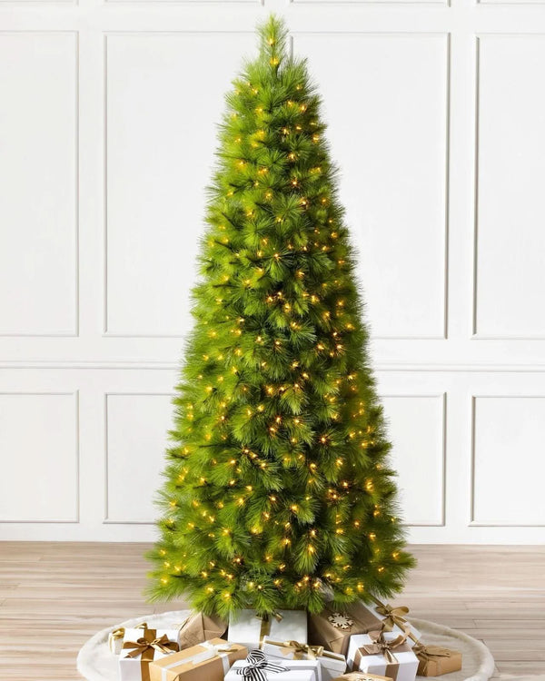 Monterey Pine Slim Christmas Tree with Hinged Branches, Metal Stand, and Built-in Micro LEDs
