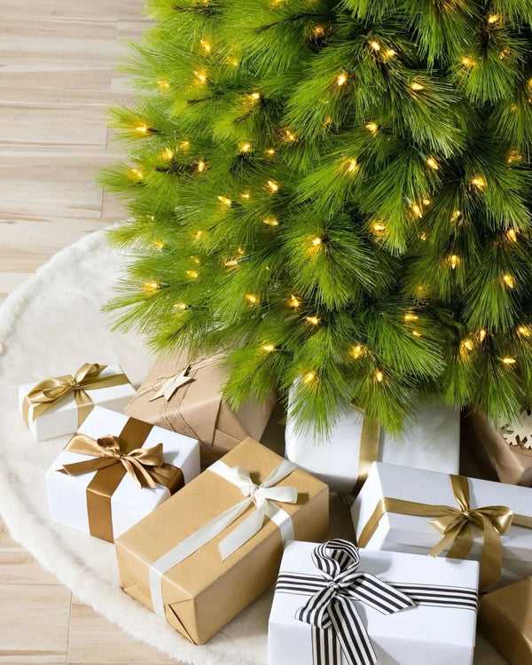 Monterey Pine Slim Christmas Tree with Hinged Branches, Metal Stand, and Built-in Micro LEDs