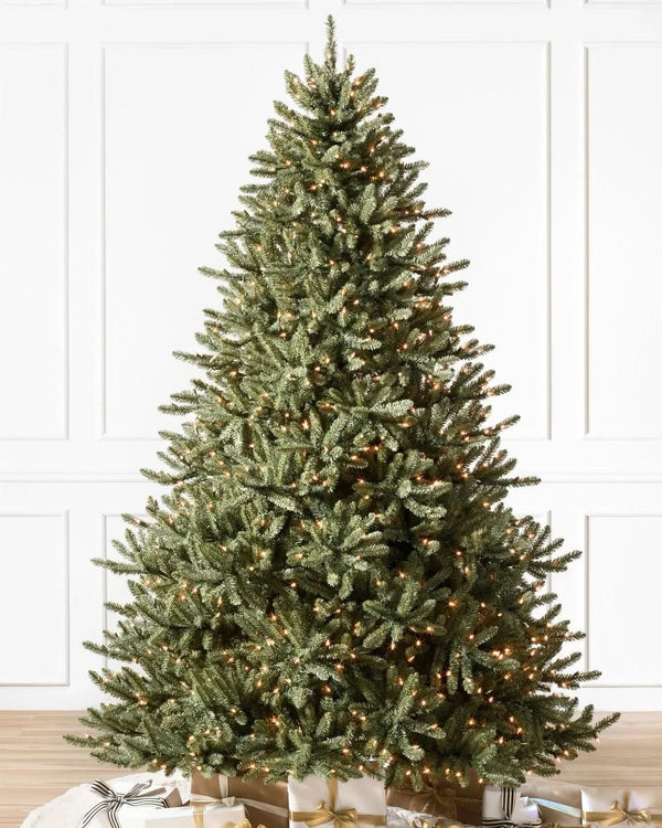 Classic Blue Spruce Christmas Tree with Hinged Branches, Metal Stand, and Built-in Micro LEDs