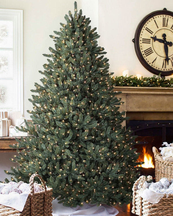 Classic Blue Spruce Christmas Tree with Hinged Branches, Metal Stand, and Built-in Micro LEDs