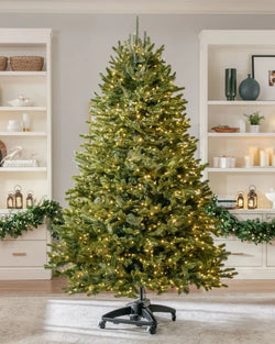 Premium Green Christmas Tree with Hinged Branches, Metal Stand with Wheels, and Built-in Micro LEDs