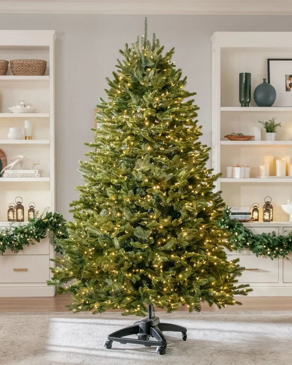 Premium Green Christmas Tree with Hinged Branches, Metal Stand with Wheels, and Built-in Micro LEDs