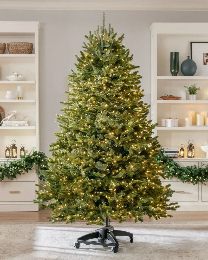 Premium Green Christmas Tree with Hinged Branches, Metal Stand with Wheels, and Built-in Micro LEDs