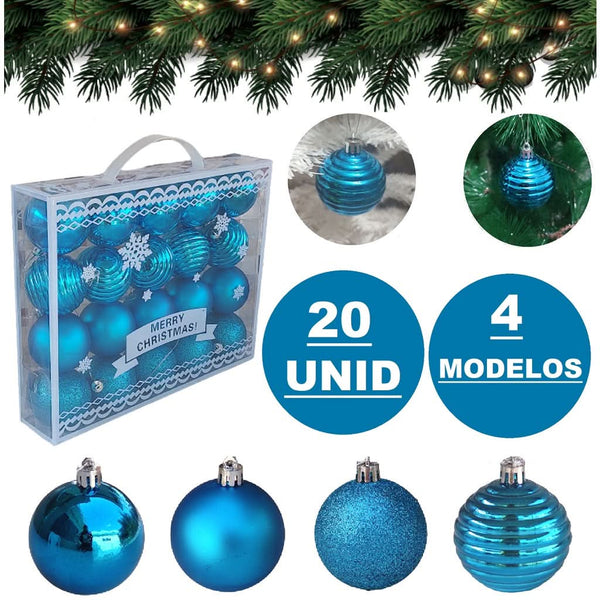 20-Piece Large 6cm Blue Christmas Ball Ornament Set with Glitter Decoration