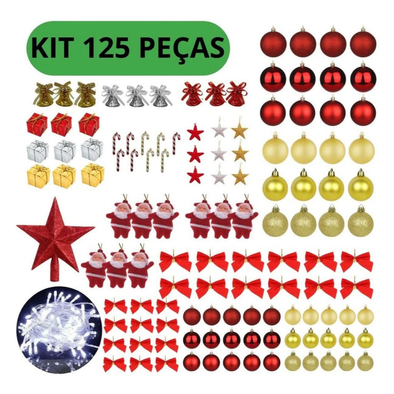 125-Piece Christmas Tree Decoration Kit with Hanging Ornaments, Balls, and LED Twinkling Lights