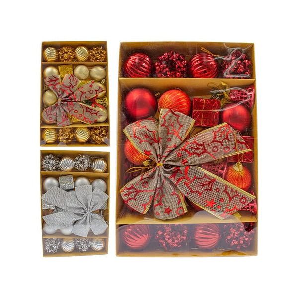 24-Piece Christmas Ornament Set with Balls and Bows for Tree Decoration in Red, Gold, and Silver