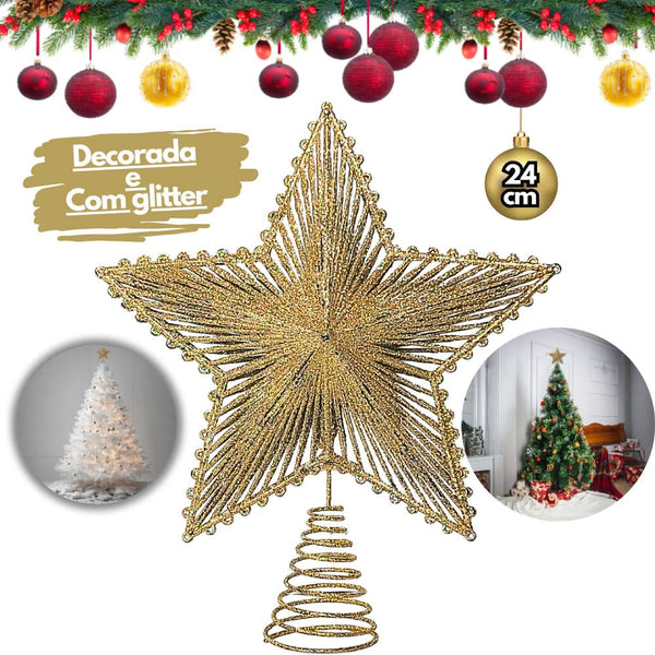 24cm Metallic Star Tree Topper with Glitter and Wire Frame for Christmas Tree