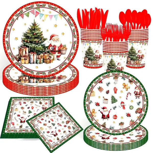 Christmas Party Cutlery Set – 140 Pieces (Plates, Cups, and Disposable Cutlery)