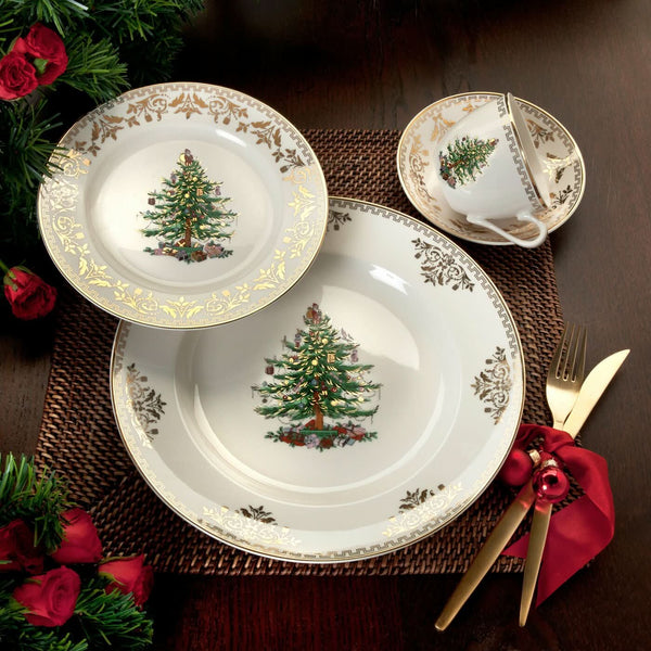 4-Piece Christmas Tree Pattern Set with Gold Details – Service for 1 Person