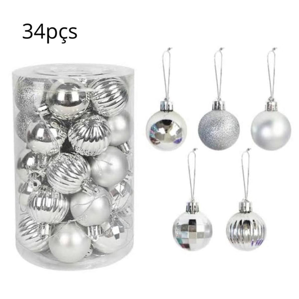 34 Mixed Silver Christmas Balls with Glitter 6 cm