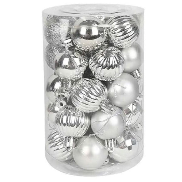 34 Mixed Silver Christmas Balls with Glitter 6 cm