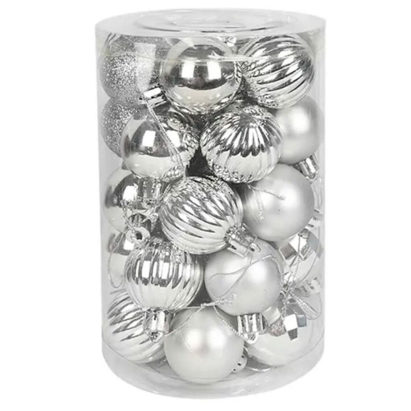 34 Mixed Silver Christmas Balls with Glitter 6 cm